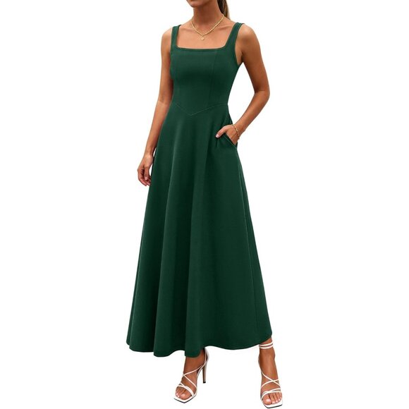 Women Dark Green Sleeveles Elegant Square Neck Aline Guest Maxi Dress Pocket